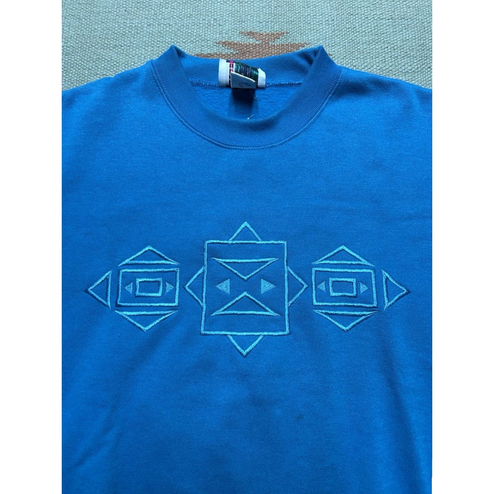 Altea VINTAGE Sweatshirt Geometric Embroidered 80s Crewneck Teal Boxy Medium Men Size US M / EU 48-50 / 2 - 2 Thumbnail