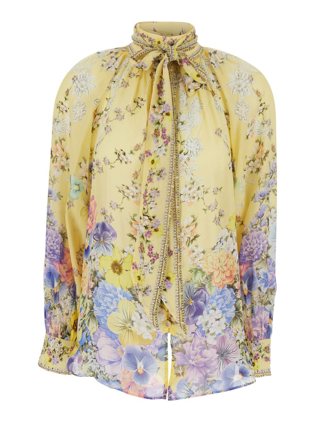 CAMILLA Multicolor Blouse with Removable Pussybow Collar and All-Over Floral Motif in Silk for Women Size L / US 10 / IT 46 - 1 Thumbnail