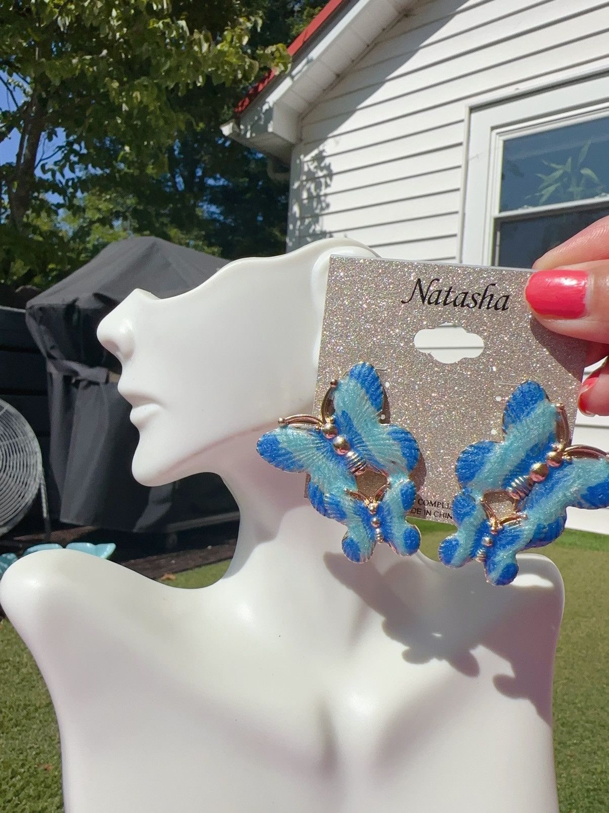 Designer Natasha gold tone blue butterfly gradient shiny earrings Size ONE SIZE - 1 Thumbnail
