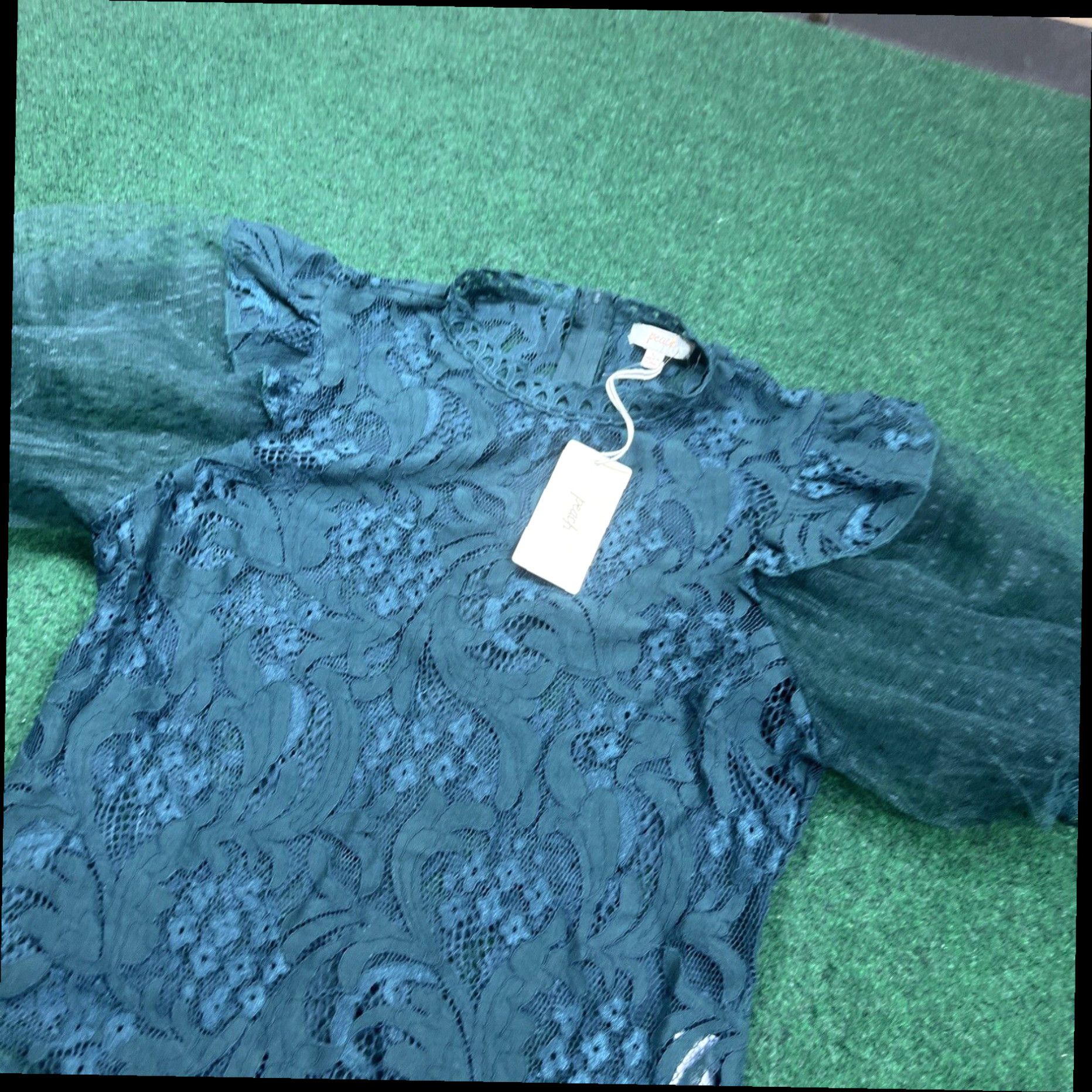 Vintage Peach Brand Green Lace Crochet Top Puff Sleeves New W Tags Sz Large Size L / US 10 / IT 46 - 7 Thumbnail