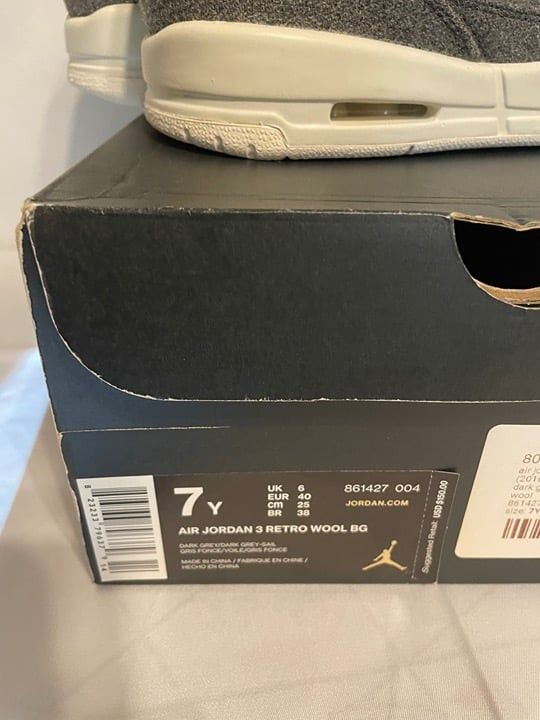 Jordan Brand Jordan 3 III Retro Wool 7Y Kids Shoes Pre-owned 861427 004 Size US 7 / EU 40 - 3 Thumbnail