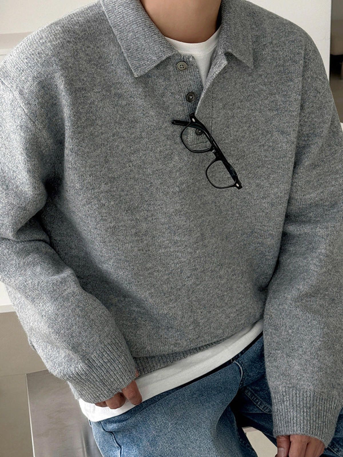 Vintage Gray Knit Henley Sweater, Classic Fit Pullover Size US M / EU 48-50 / 2 - 1 Thumbnail