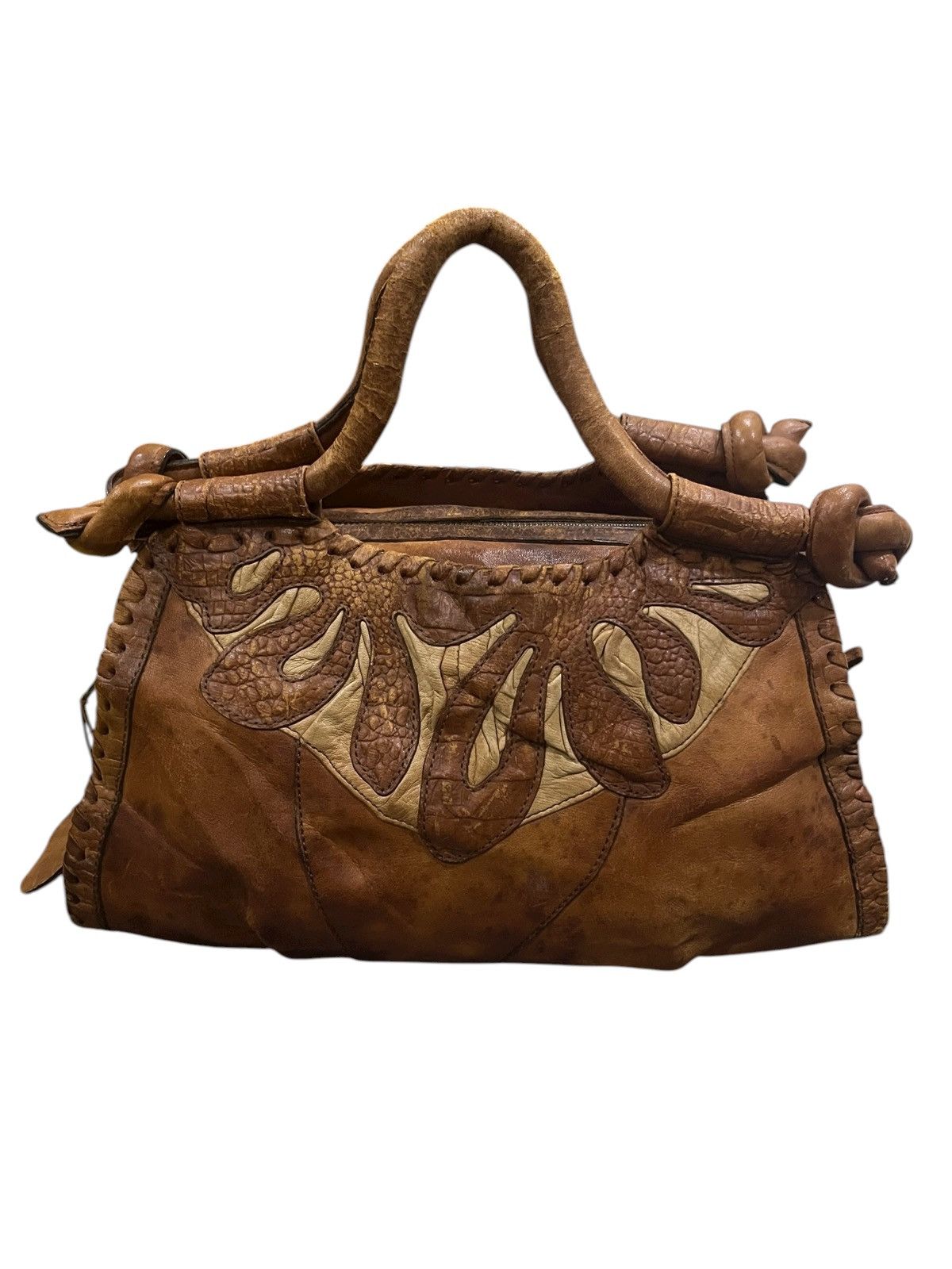 Japanese Brand vintage ibiza handle bag brown cream leather applique design Size ONE SIZE - 2 Thumbnail