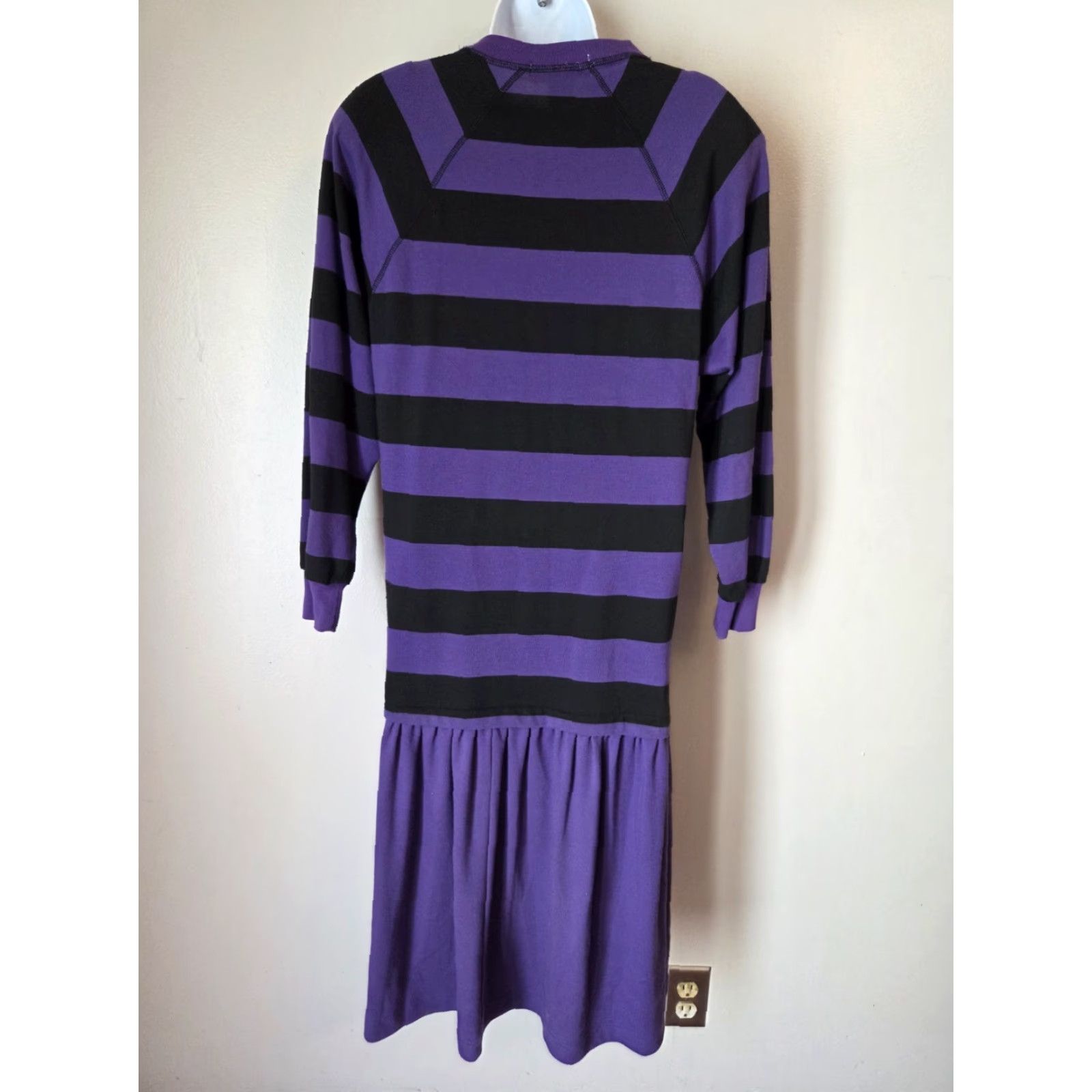Vintage VTG 80s Adolfo II Purple Black Stripe Drop Waist Ruffle Hem Sweater Dress S Womens Size S / US 4 / IT 40 - 5 Thumbnail