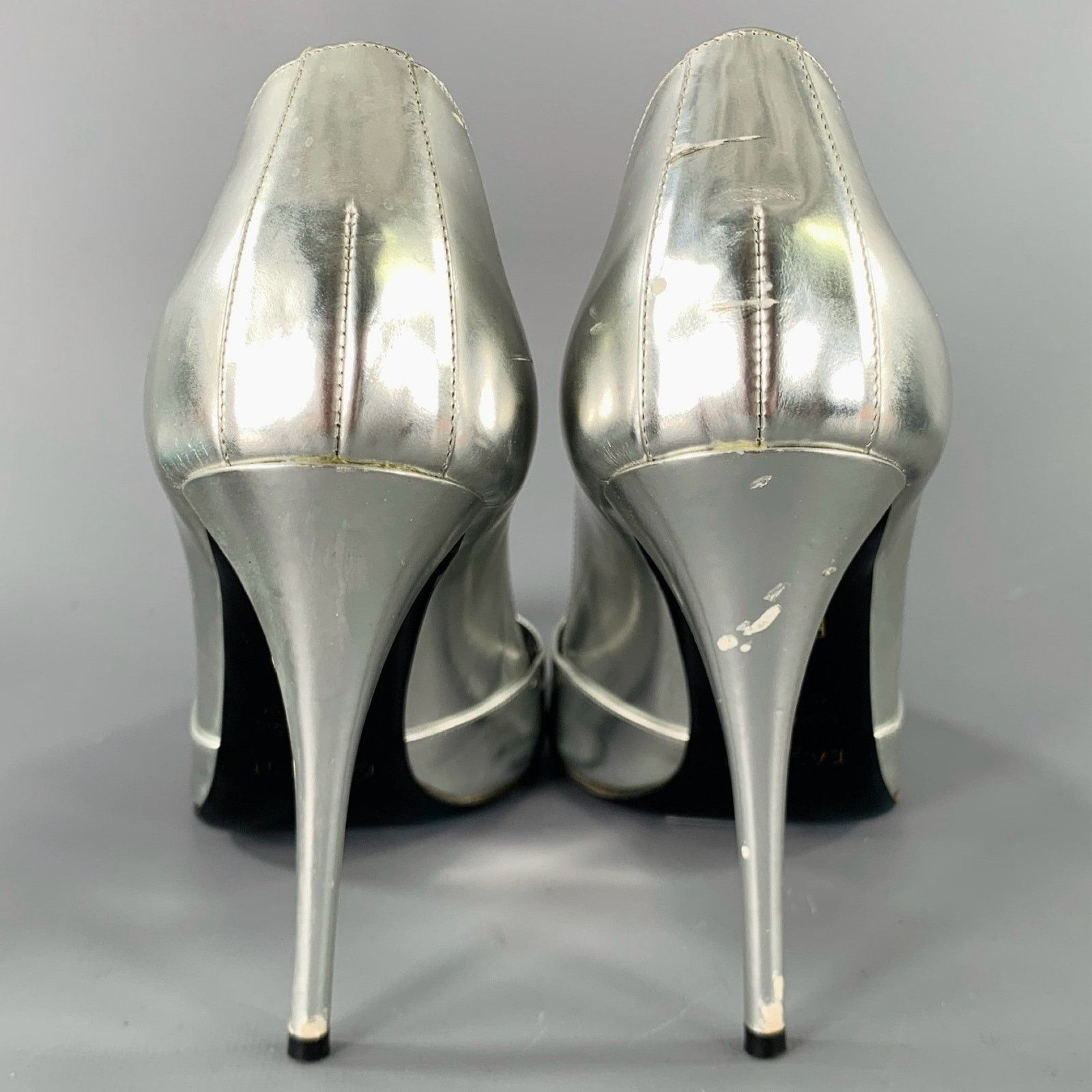 Balmain BALMAIN Size 6 Silver Patent Leather Peep Toe Heels Pumps Size US 6 / IT 36 - 3 Thumbnail