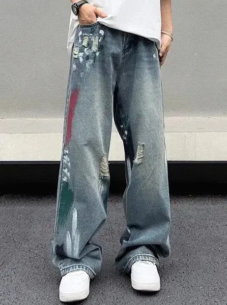 Japanese Brand × Jean Stylish Splash Ink Blue Distressed Baggy Jeans Size US 27 - 2 Thumbnail
