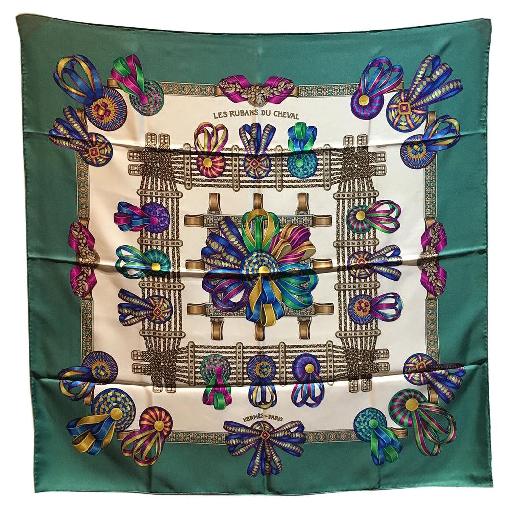 image of Hermes Vintage Les Rubans Du Cheval Silk Scarf In Green, Women's