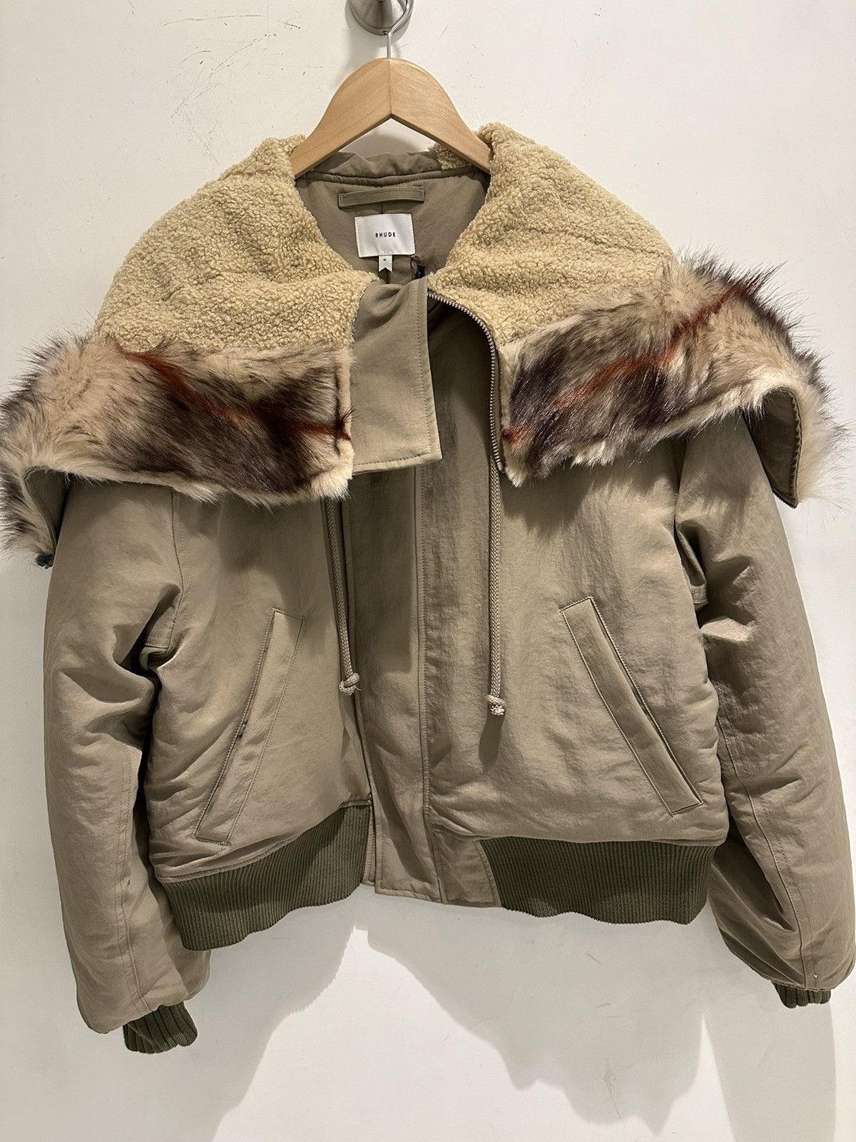 image of Rhude Fur Hooded Ma1 Jacket in Khaki, Women's (Size XL)