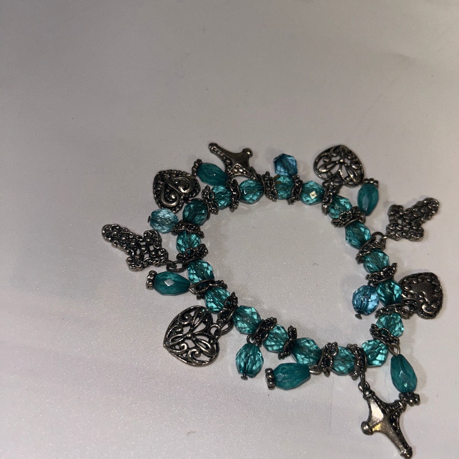Other Aqua Blue Beaded Silver-Tone Charm Stretch Bracelet Women's Size ONE SIZE - 3 Thumbnail