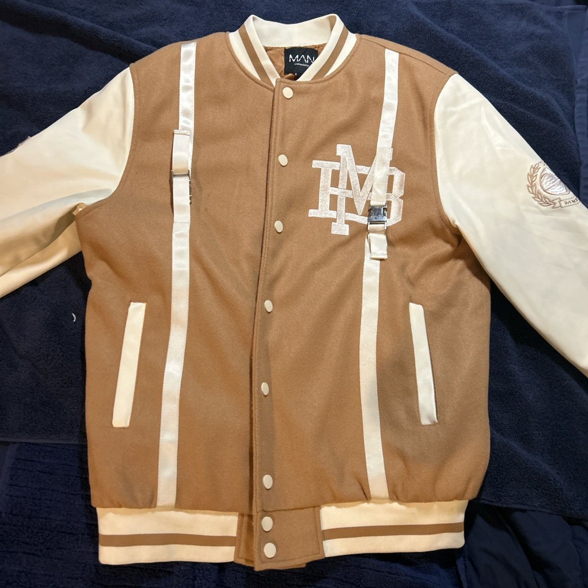 Boohoo BoohooMAN Tan/Brown Varsity Jacket Size US M / EU 48-50 / 2 - 1 Thumbnail