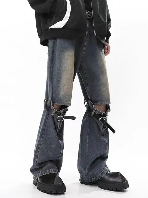 Japanese Brand × Jean Retro washed distressed ripped belt patchwork jeans Size US 32 / EU 48 - 4 Thumbnail