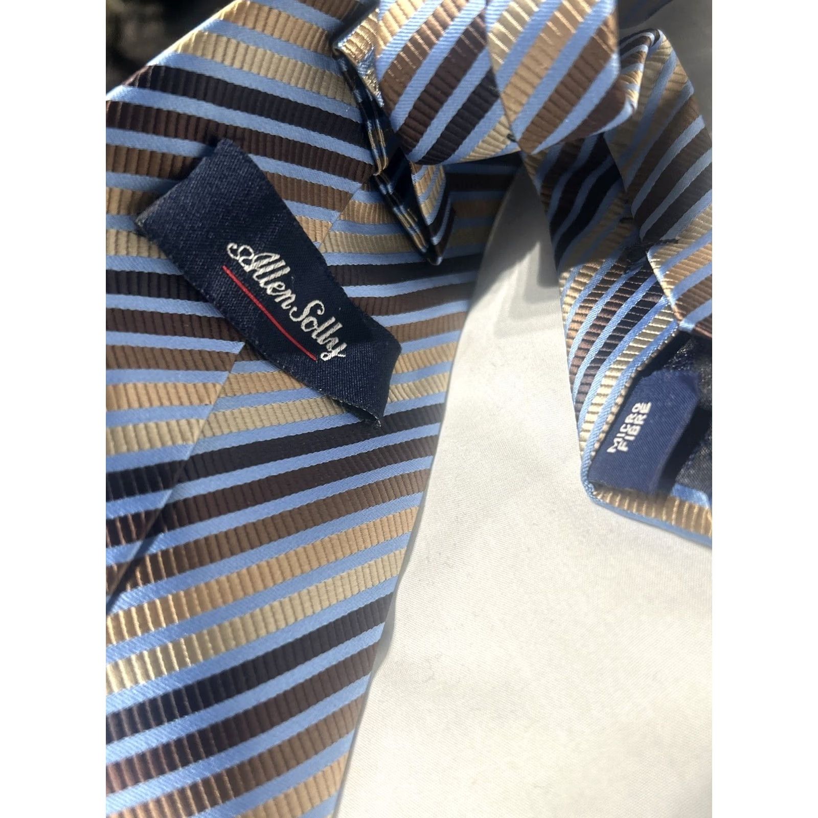 Vintage ALLEN SOLLY Men Luxury Striped Necktie Blue Brown 57" Silk Tie Geometric Designer 4" Width EUC Size ONE SIZE - 4 Thumbnail