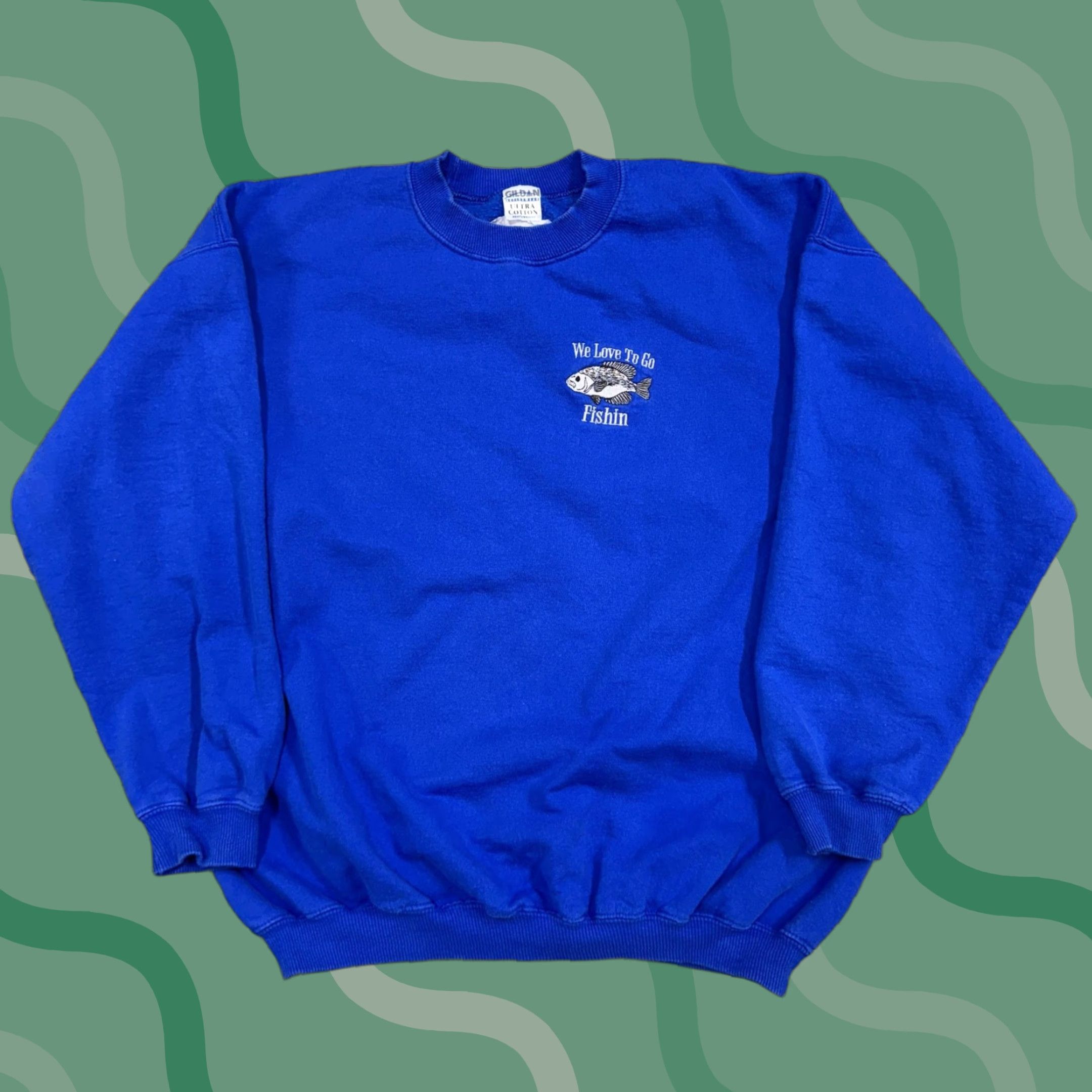 Gildan VINTAGE Fishing Sweatshirt mens 2XL blue crewneck Fish Bass outdoors grandpa Size US XXL / EU 58 / 5 - 1 Thumbnail
