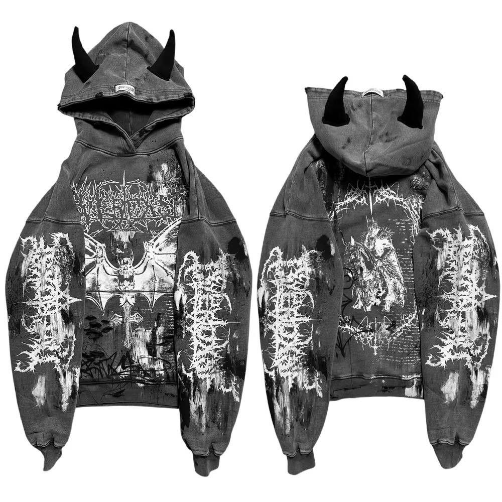 Japanese Brand × Vintage hoodie with a print and horns on the hood Size US L / EU 52-54 / 3 - 3 Thumbnail