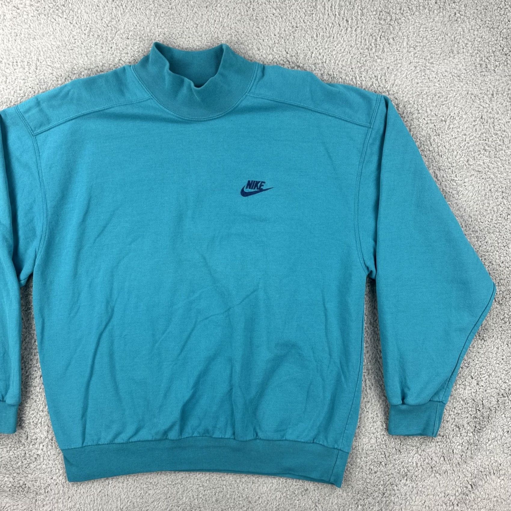 Nike VINTAGE Nike 90s Mens XL Sweatshirt Turquoise Green Blue Mock Neck Long Sleeve Pullover Embroidered Logo Crew Neck Cotton Knit All Seasons Sportswear Size US XL / EU 56 / 4 - 2 Thumbnail