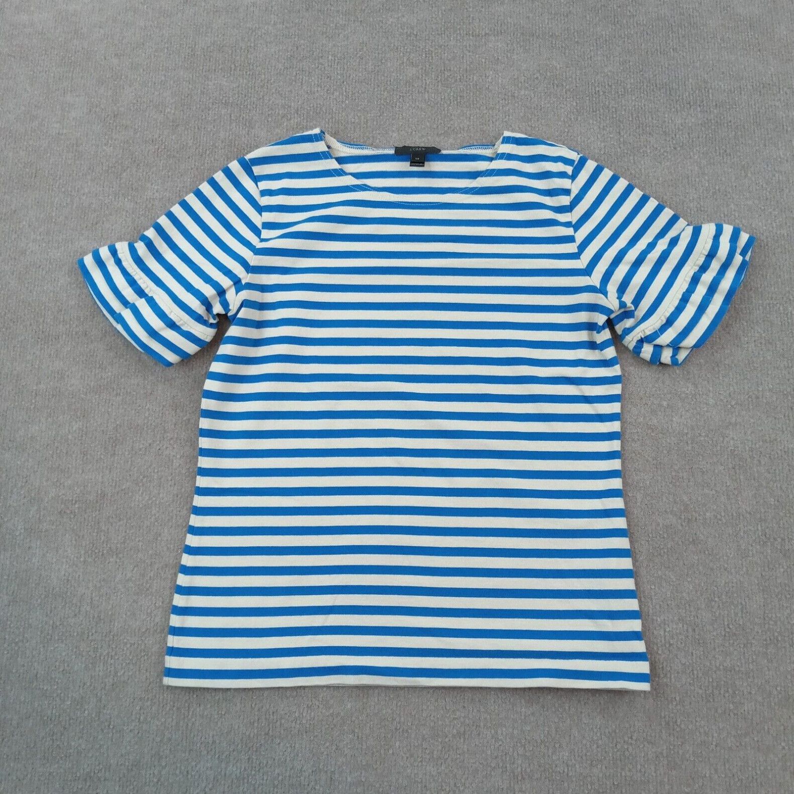 image of J Crew J. Crew Top Womens Extra Small Blue White Striped Ruffle Short Sleeve Casual (Size XS)