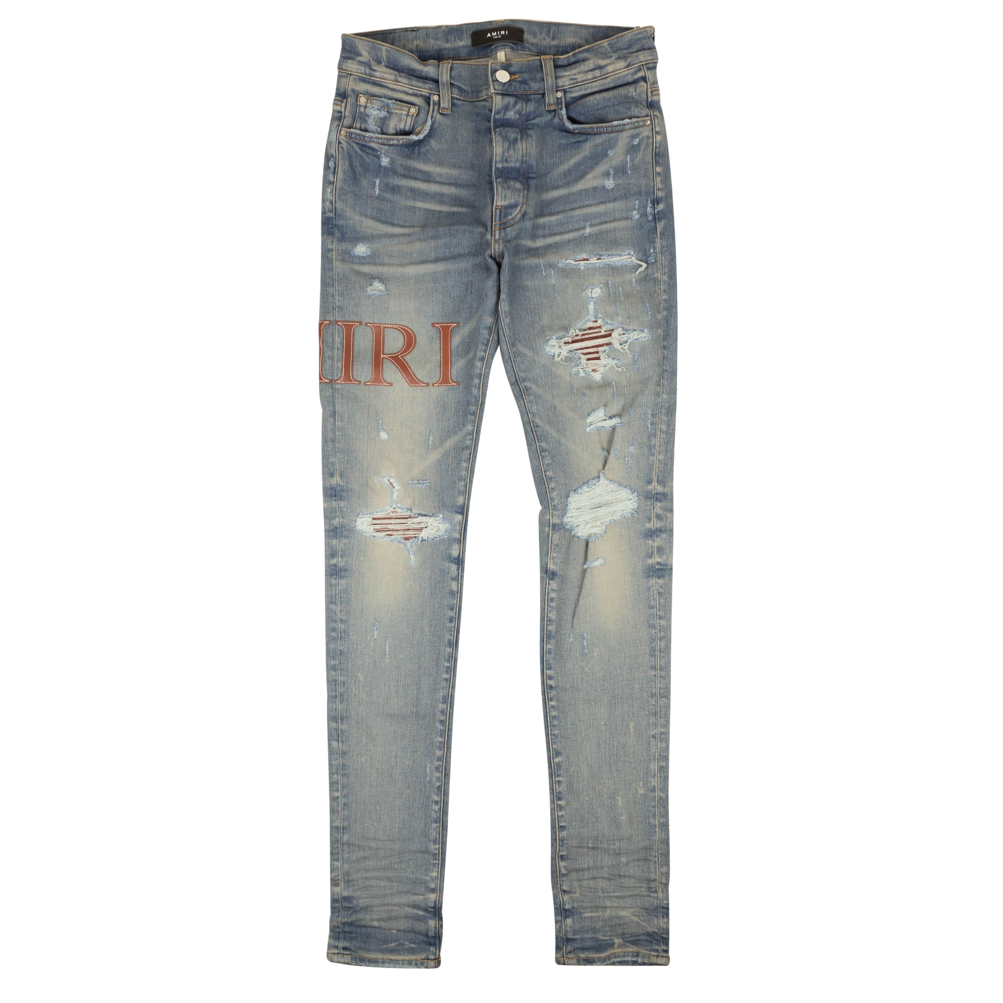 image of Amiri Leather Stitch Logo Jean Clay Indigo Straight-Fit Jeans Size 34, Men's