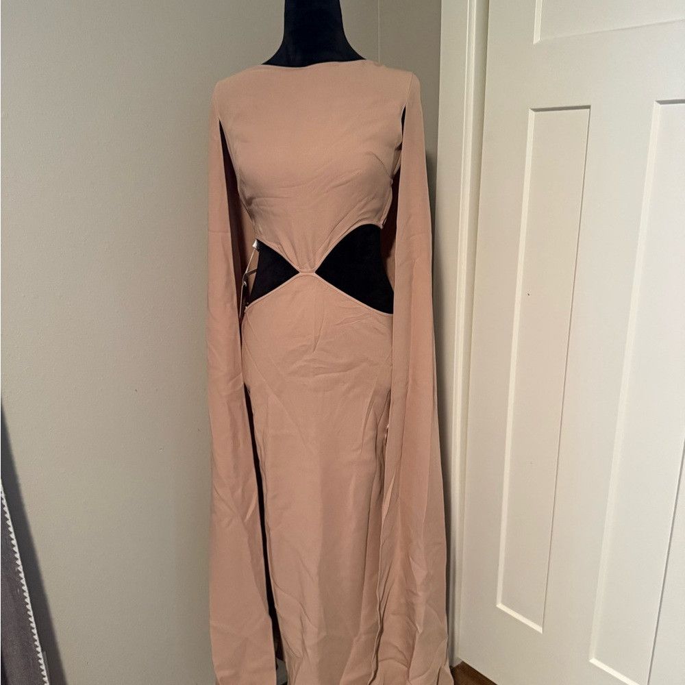 Valentino New | Valentino CAPE-EFFECT CUTOUT SILK MIDI DRESS IN BEIGE Size M / US 6-8 / IT 42-44 - 4 Thumbnail