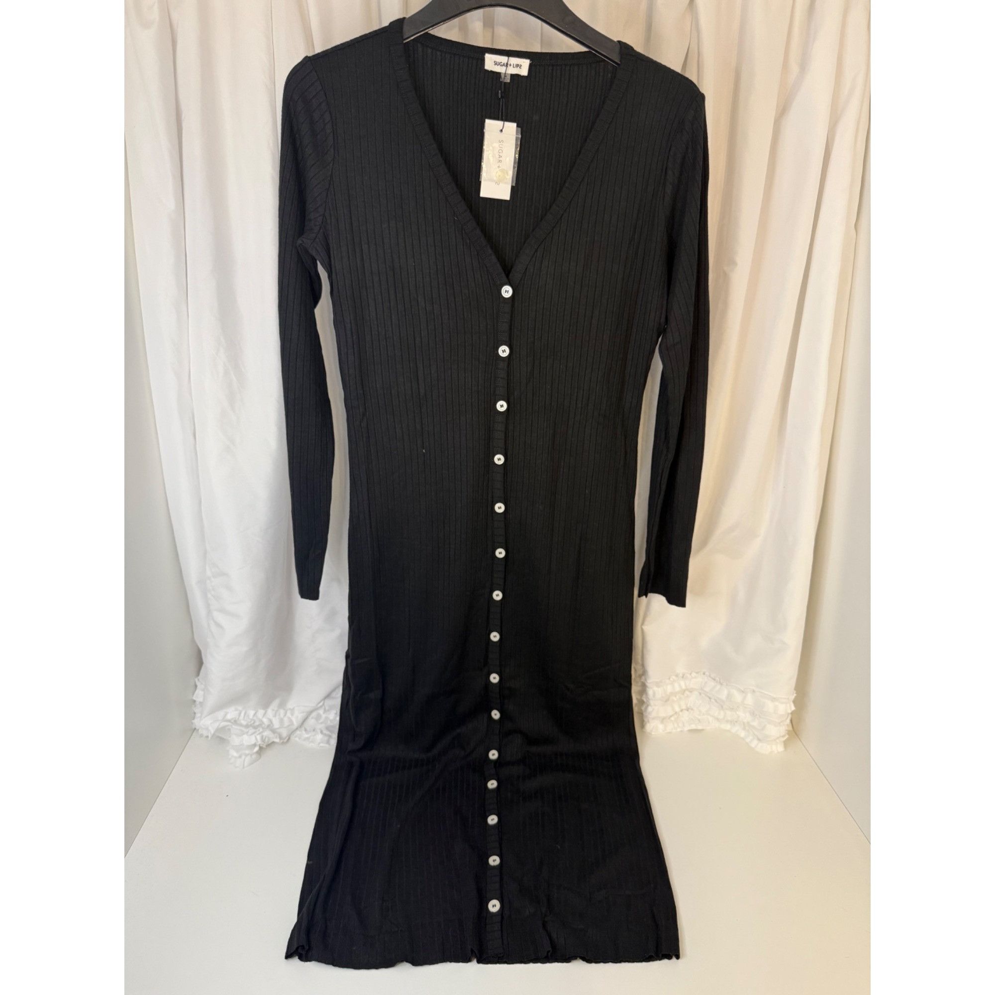 Other Sugar + Lips Black Ribbed Knit Button-Up Midi Cardigan Dress Size M / US 6-8 / IT 42-44 - 5 Thumbnail