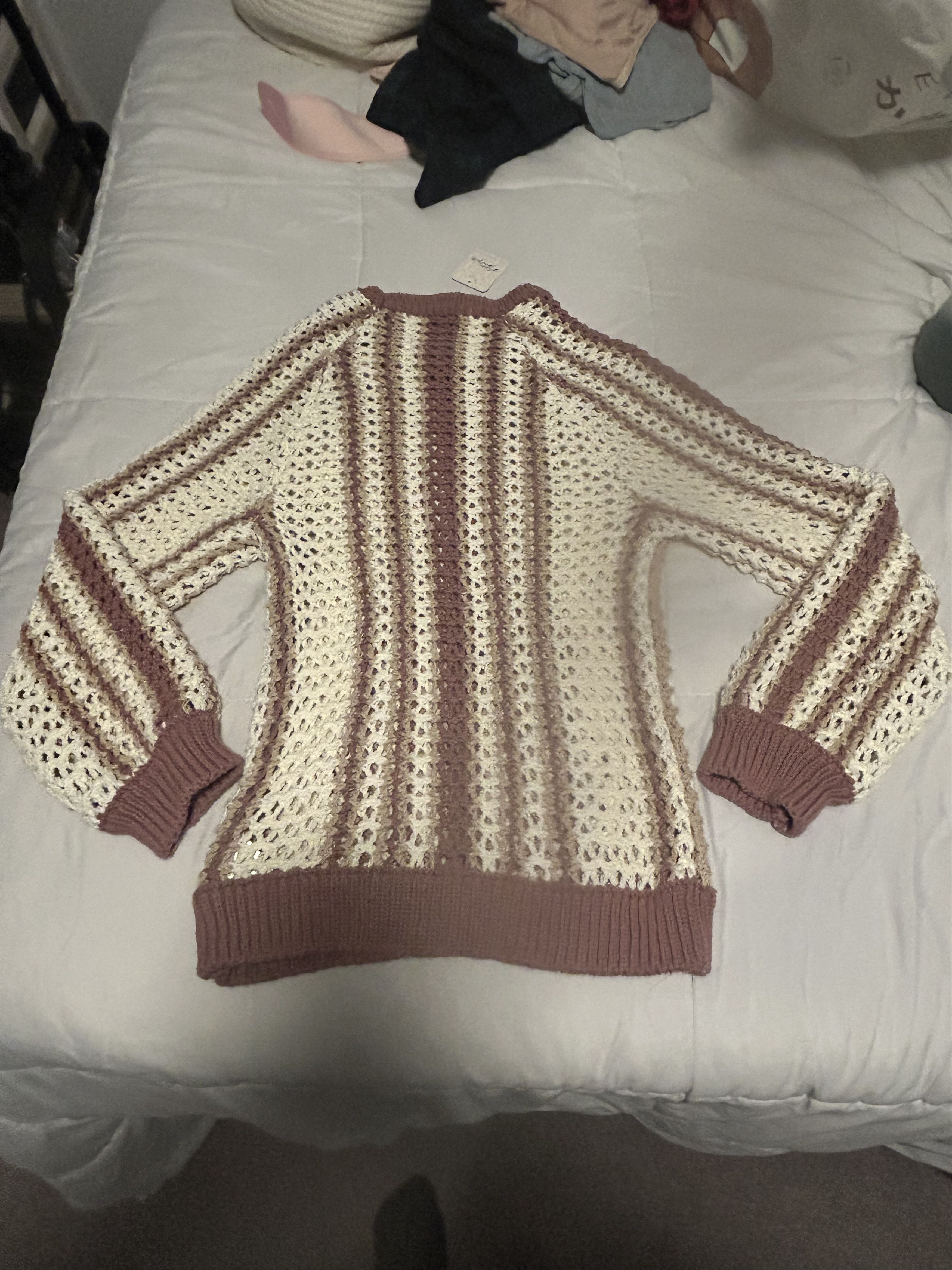 Free People Dayton Sweater Pullover Crochet Knit Beach Purple Cream Size S / US 4 / IT 40 - 8 Thumbnail