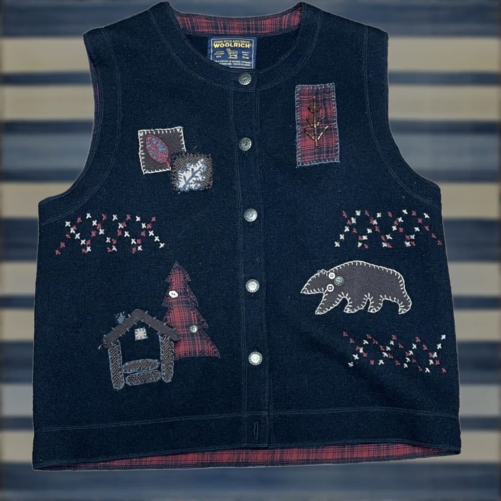Vintage Woolrich Vest Medium Black 100% Wool Button Up Plaid Patchwork Fall Theme Insulated Quilted Women’s M Sleeveless Jacket/Coat Length Mid-Length Size M / US 6-8 / IT 42-44 - 1 Thumbnail