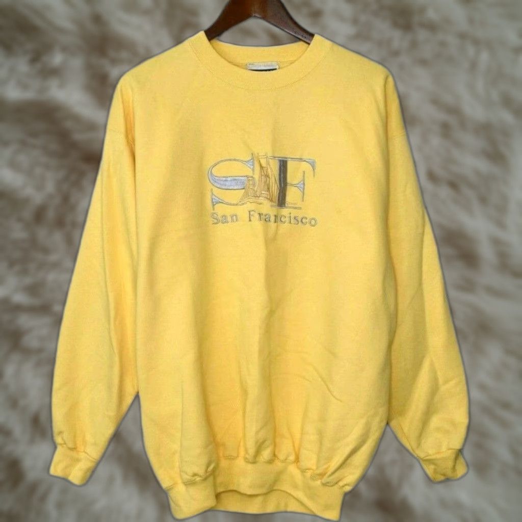 Hanes VINTAGE Hanes Sweatshirt Unisex Adults Crew Neck Long Sleeve Yellow Cotton Blend Embroidered San Francisco California Golden Gate Bridge Medium Size US M / EU 48-50 / 2 - 1 Thumbnail