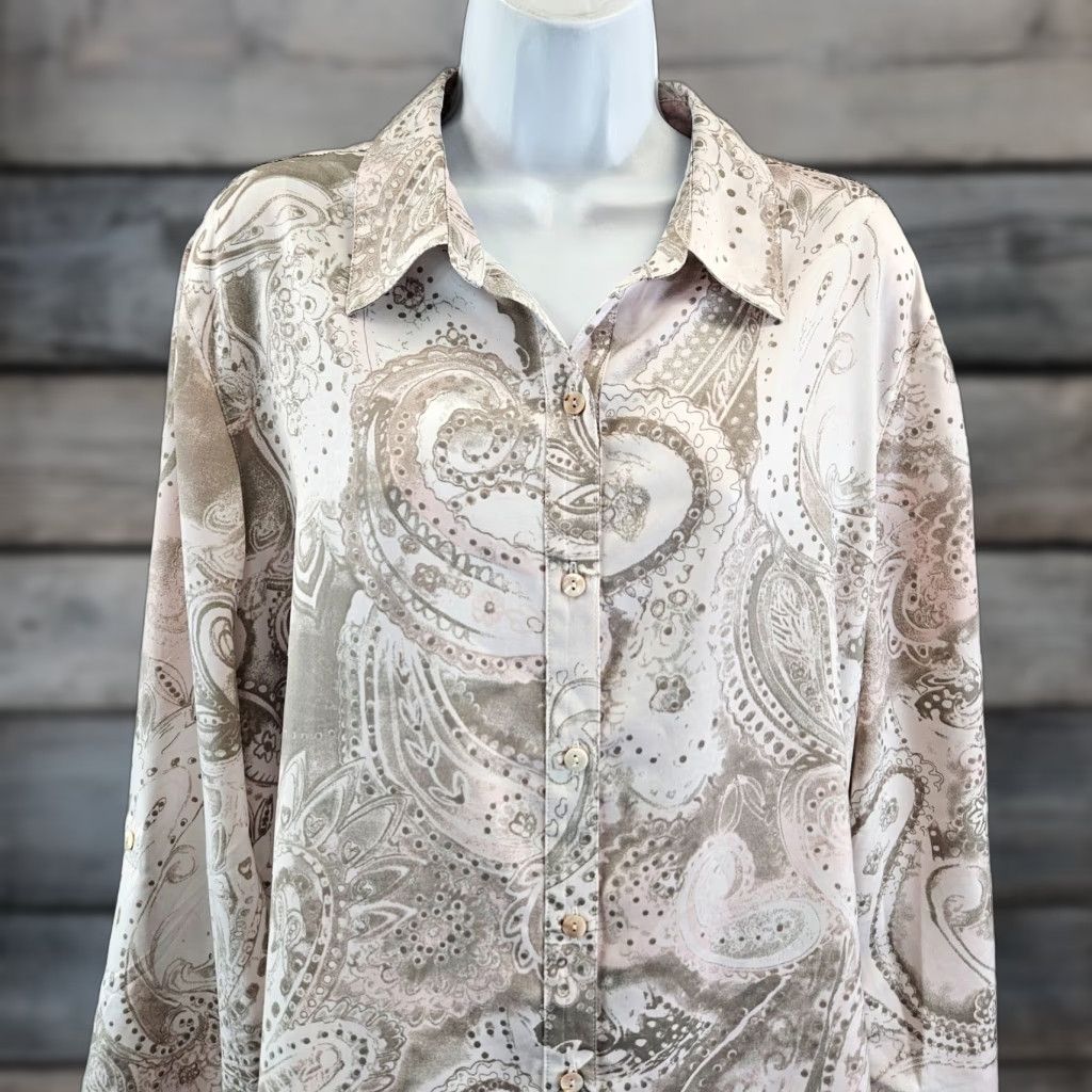 Vintage Chicos Womens Button Front Shirt XL Gray Paisley Long Sleeve Size XL / US 12-14 / IT 48-50 - 1 Thumbnail