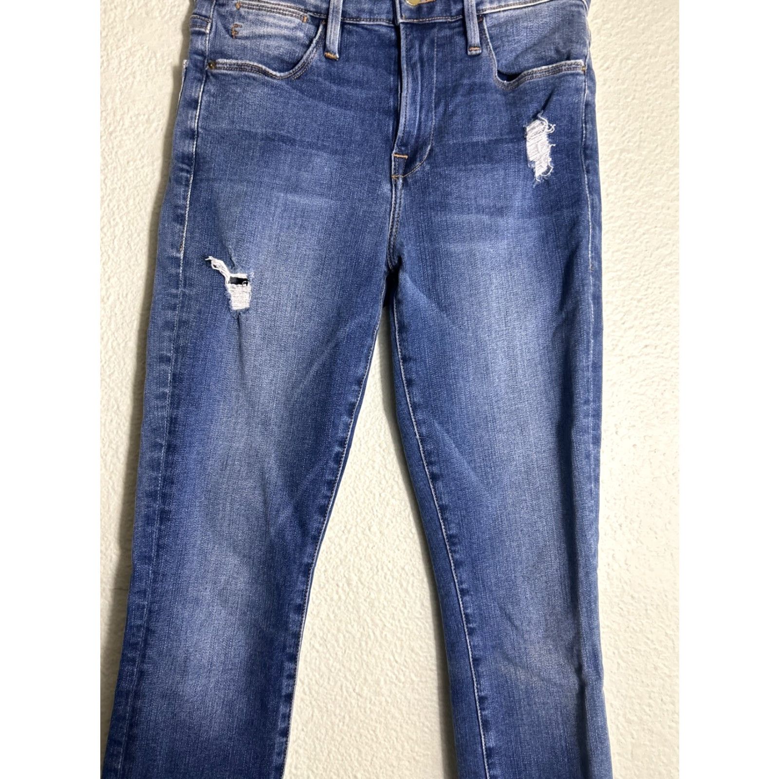 Frame FRAME Le High Skinny Triangle Raw Hem Seabright Dark Wash Jeans 26 Distressed Women Skinny Denim" Size ONE SIZE - 3 Thumbnail