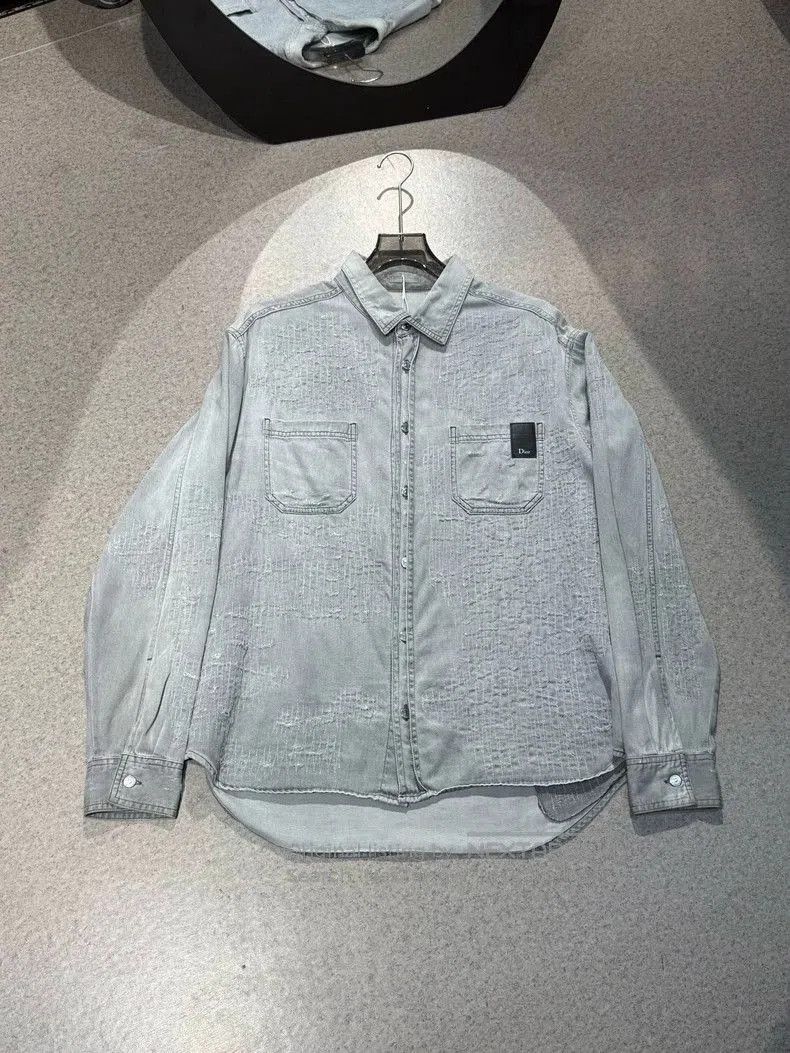 Dior Distressed Gray Denim Shirt Jacket.