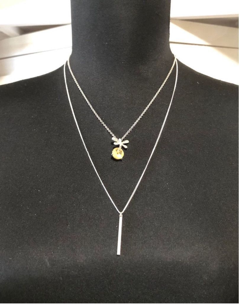 Vintage Pendant Necklace Set Bar Dragonfly Yellow Glass Gem Layered Size ONE SIZE - 1 Thumbnail