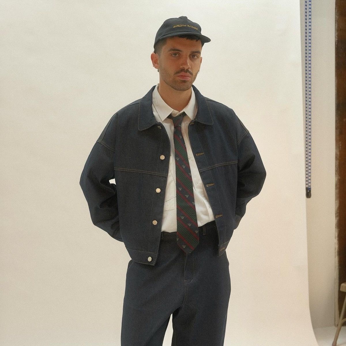 estudio niksen raw denim stitch jacket in indigo blue