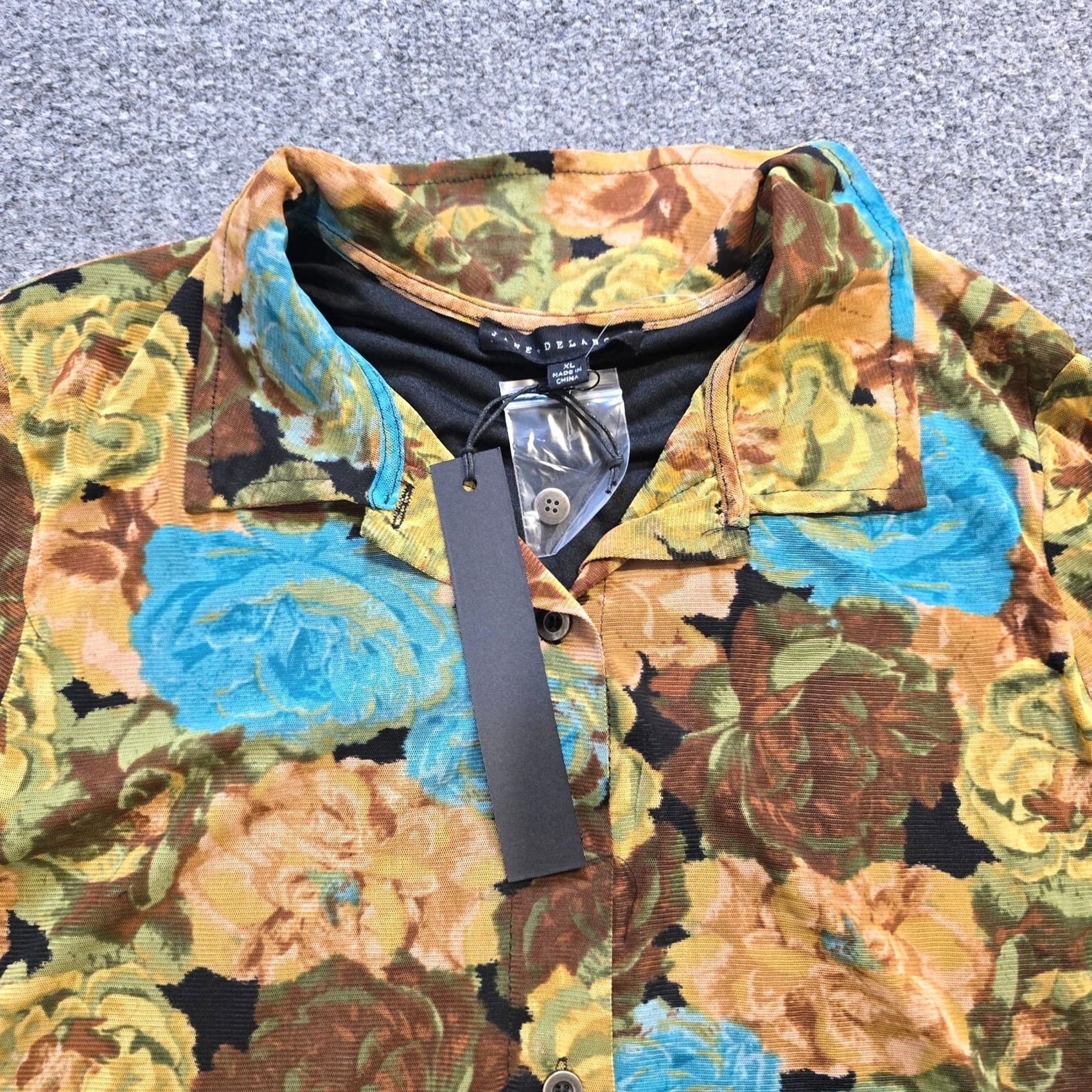 Vintage Jane Delancey Top Womens Size XL Yellow Blue Floral Sheer Stretch Button Casual Blouse Size XL / US 12-14 / IT 48-50 - 2 Thumbnail