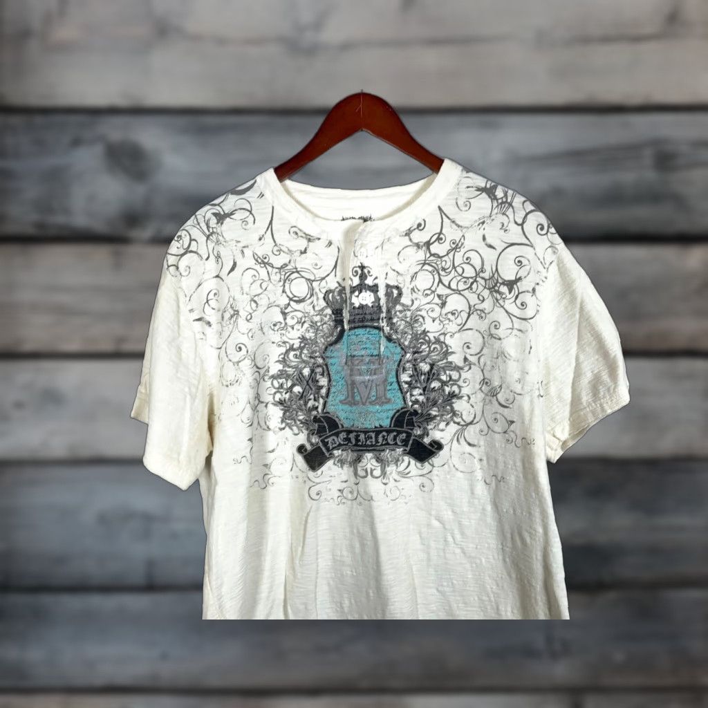 Off-White VINTAGE Modern Couture T-Shirt Henley Tribal Motif Adult XL Ivory Cotton 2000s Grunge Hip Hop Retro Skull Men Size US XL / EU 56 / 4 - 1 Thumbnail
