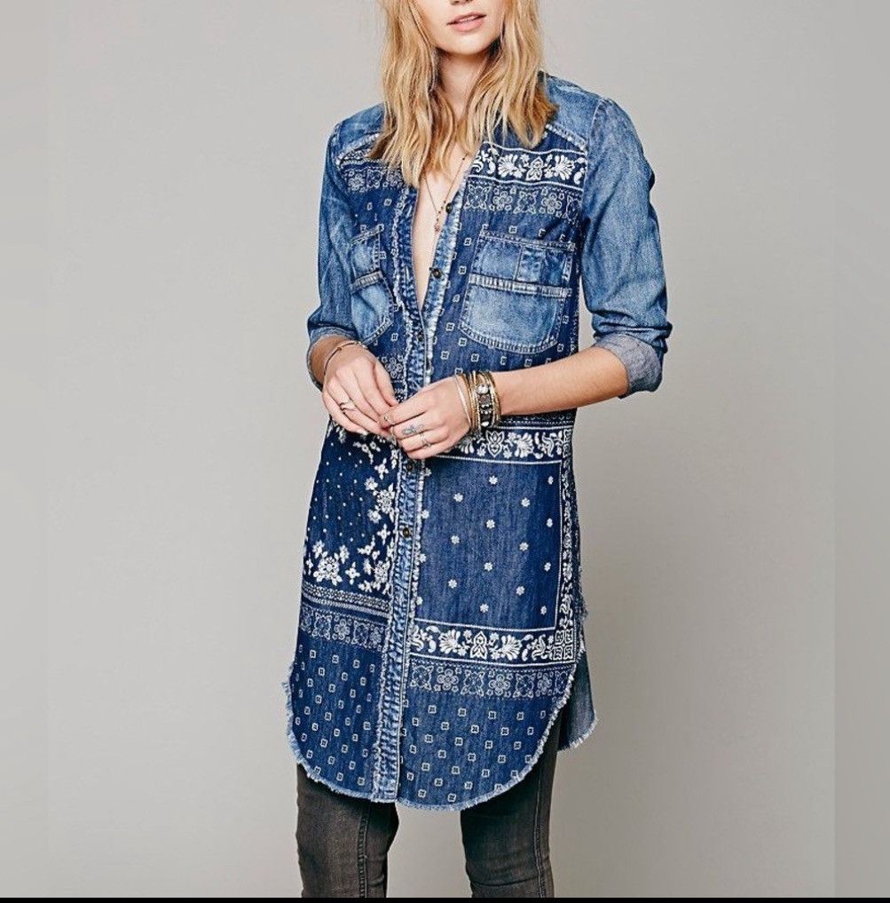 Free People blue and navy denim shirt dress with bandana print size S |  Grailed