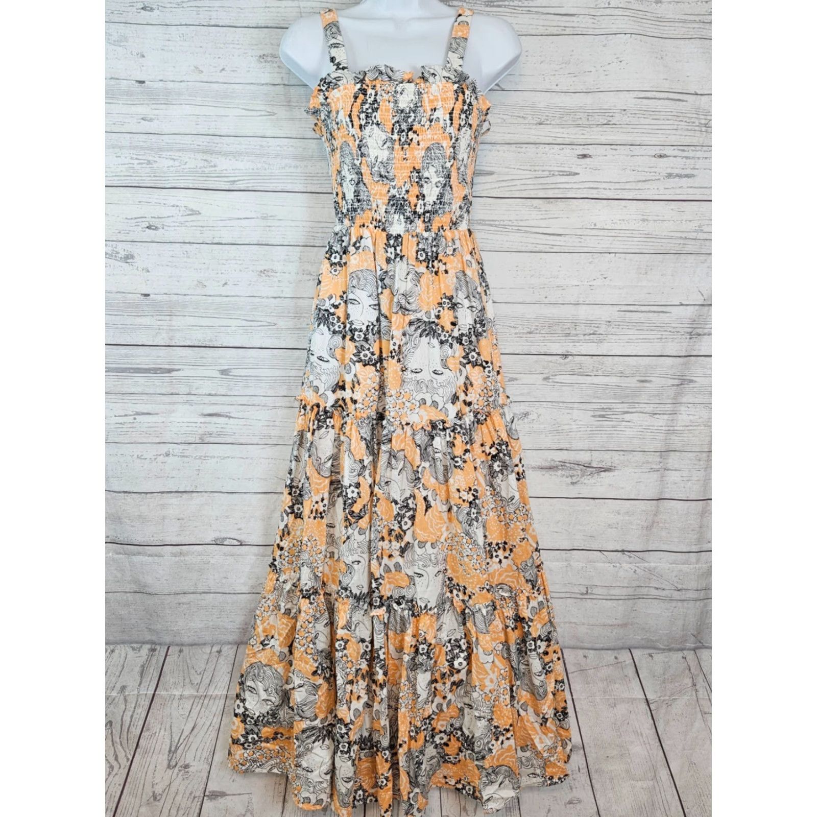 Vintage Modcloth Womens Boho Maxi Dress On The Range Smocked XS Peach White Faces Size XS / US 0-2 / IT 36-38 - 2 Thumbnail