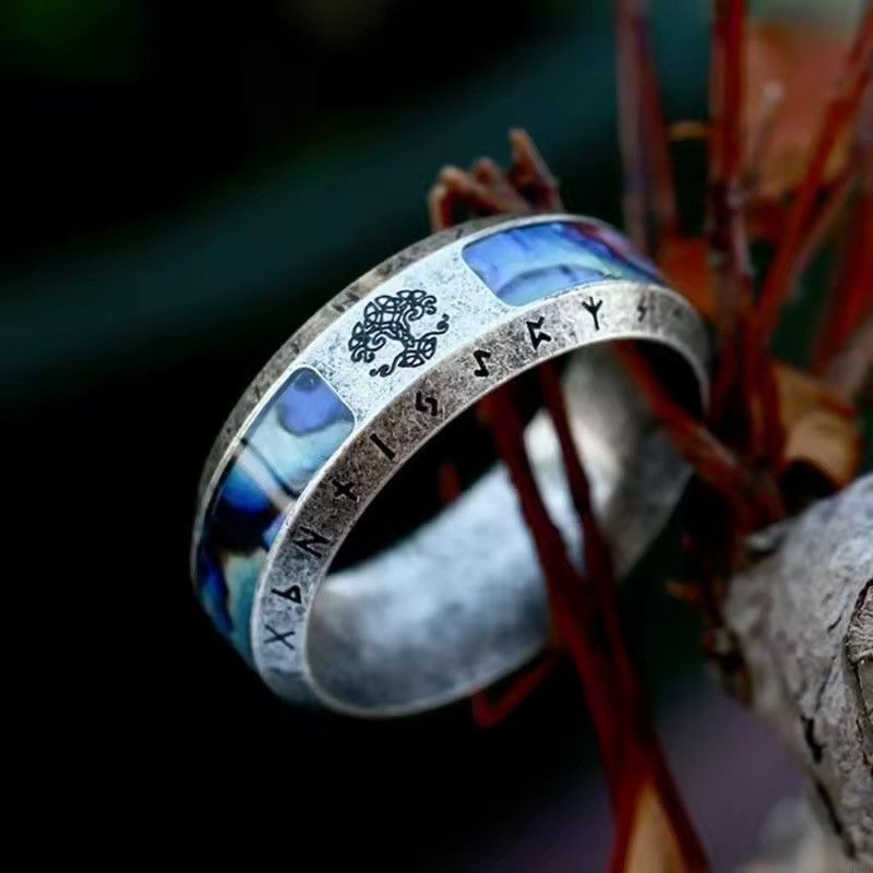 Jewelry x Vintage Tree Of Life Stainless Steel Abalone Shell Retro Ring in Silver, Men's