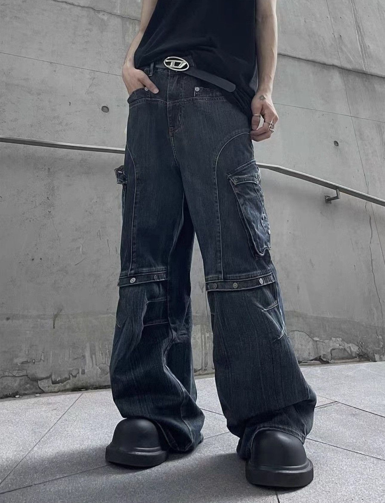 Retro heavy duty workwear large pocket wide leg cargo jeans