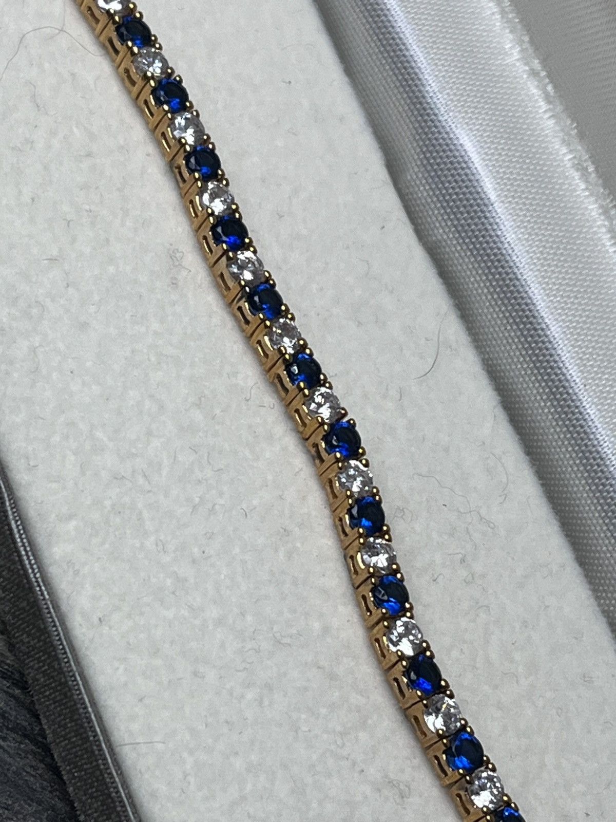 Other 18K Gold Sterling Silver Blue White CZ Tennis Bracelet Boxed Size ONE SIZE - 3 Thumbnail