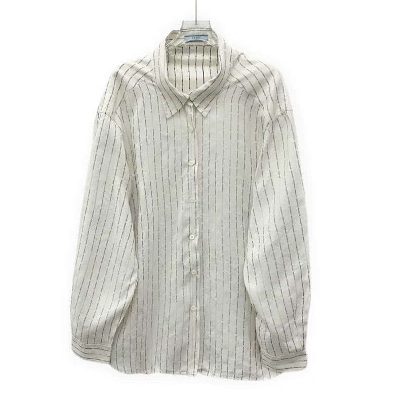 Prada Prada White Striped Logo Cotton Shirt Size US M / EU 48-50 / 2 - 1 Thumbnail