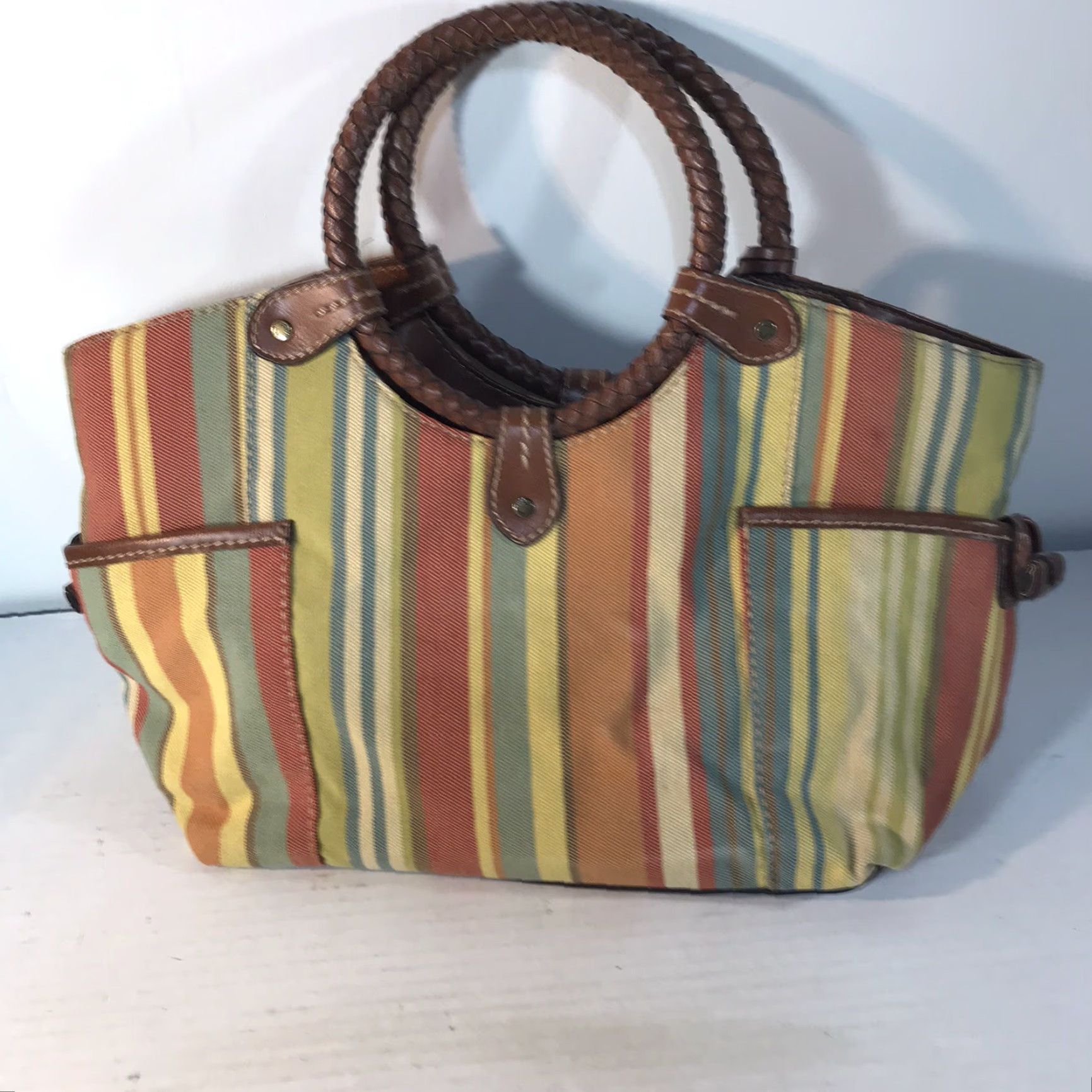 Fossil FOSSIL Women Satchel Bag Medium Rainbow Striped Canvas Leather Trim Casual Travel Workwear Size ONE SIZE - 4 Thumbnail