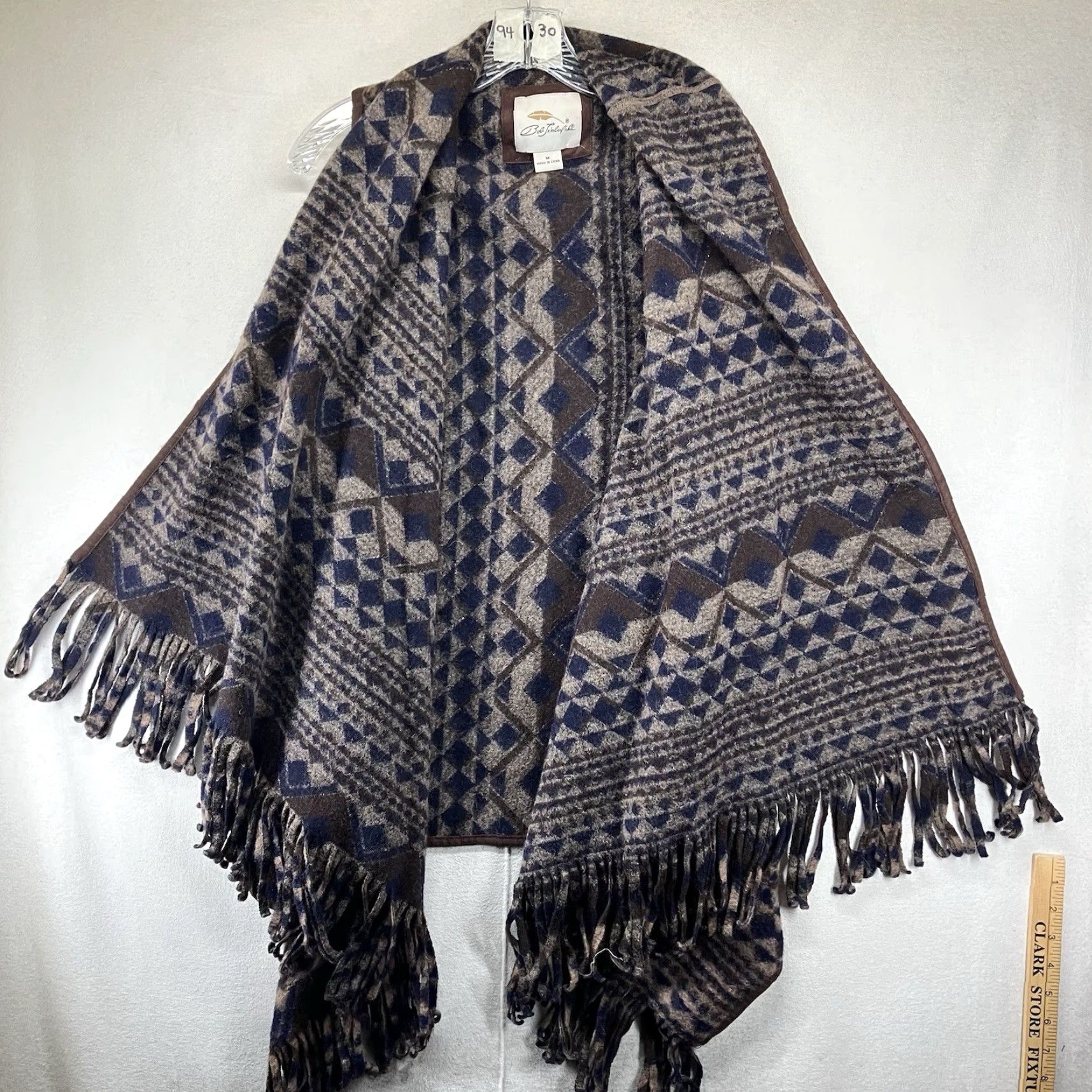 Vintage Bob Timberlake Women's Poncho Cape Shawl Wool Blend Open Front Geometric Fringe Brown Mid-Length Knit Casual 80s Western Art Bohemian Relaxed Size M Size M / US 6-8 / IT 42-44 - 3 Thumbnail