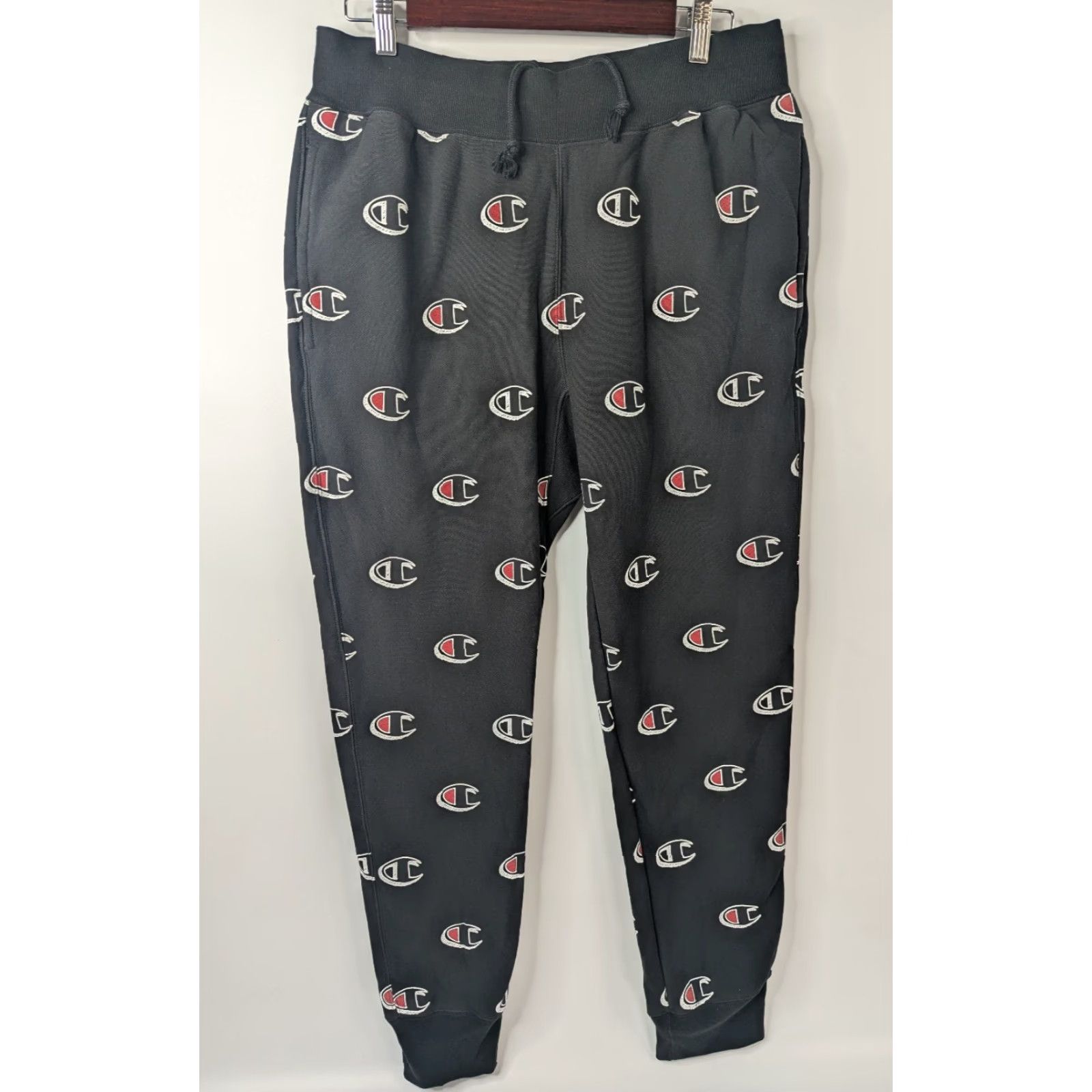 Champion VINTAGE Champion Jogger Pants Mens M Black All Over Print Sweatpants Regular Fit Size US 31 - 2 Thumbnail
