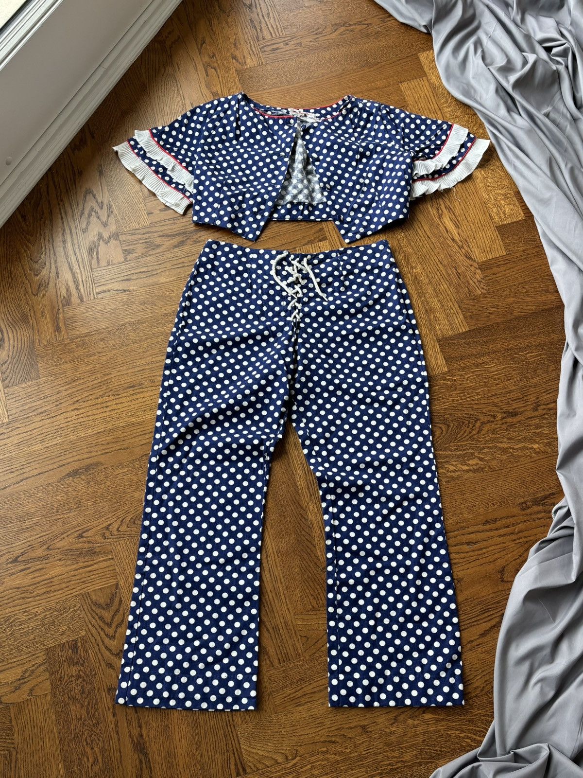 Sears × Vintage 1970s Polka Dot Beach Set 70s Vintage Suit Two Piece Track Size 34S - 2 Thumbnail
