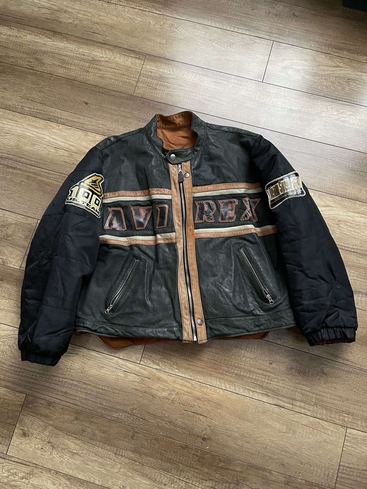 image of Avirex Vintage Leather Reversible Bomber Jacket Usa 90's in Black/Brown, Men's (Size Large)