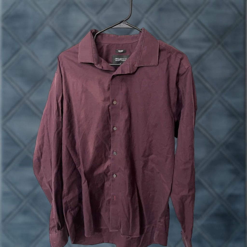 Kenneth Cole KENNETH COLE AWARENESS Slim Fit Dress Shirt 17 Maroon Non-Iron Button-Down Mens Size 46R - 1 Thumbnail