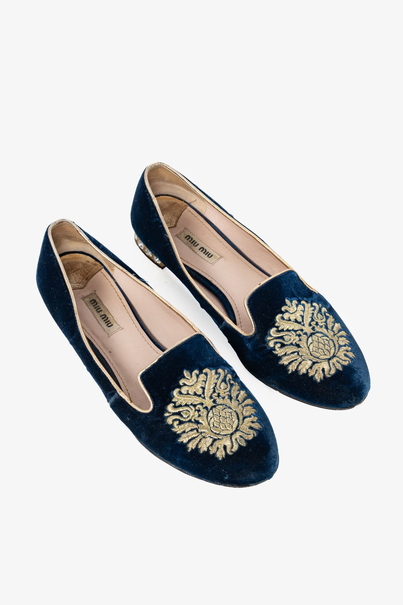 Miu Miu Miu Miu PF12 Blue Velvet Embroidered Crystal-Heel Loafers Size US 8 / IT 38 - 1 Thumbnail