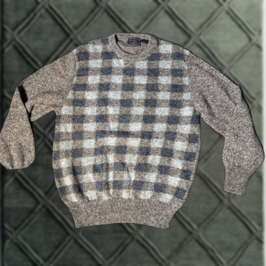 Vintage VINTAGE Hunting Horns Sweater Checkered Knit Wool Italian Made Large Crew Neck Long Sleeve Unisex Adults 90s Gray Size US L / EU 52-54 / 3 - 1 Thumbnail