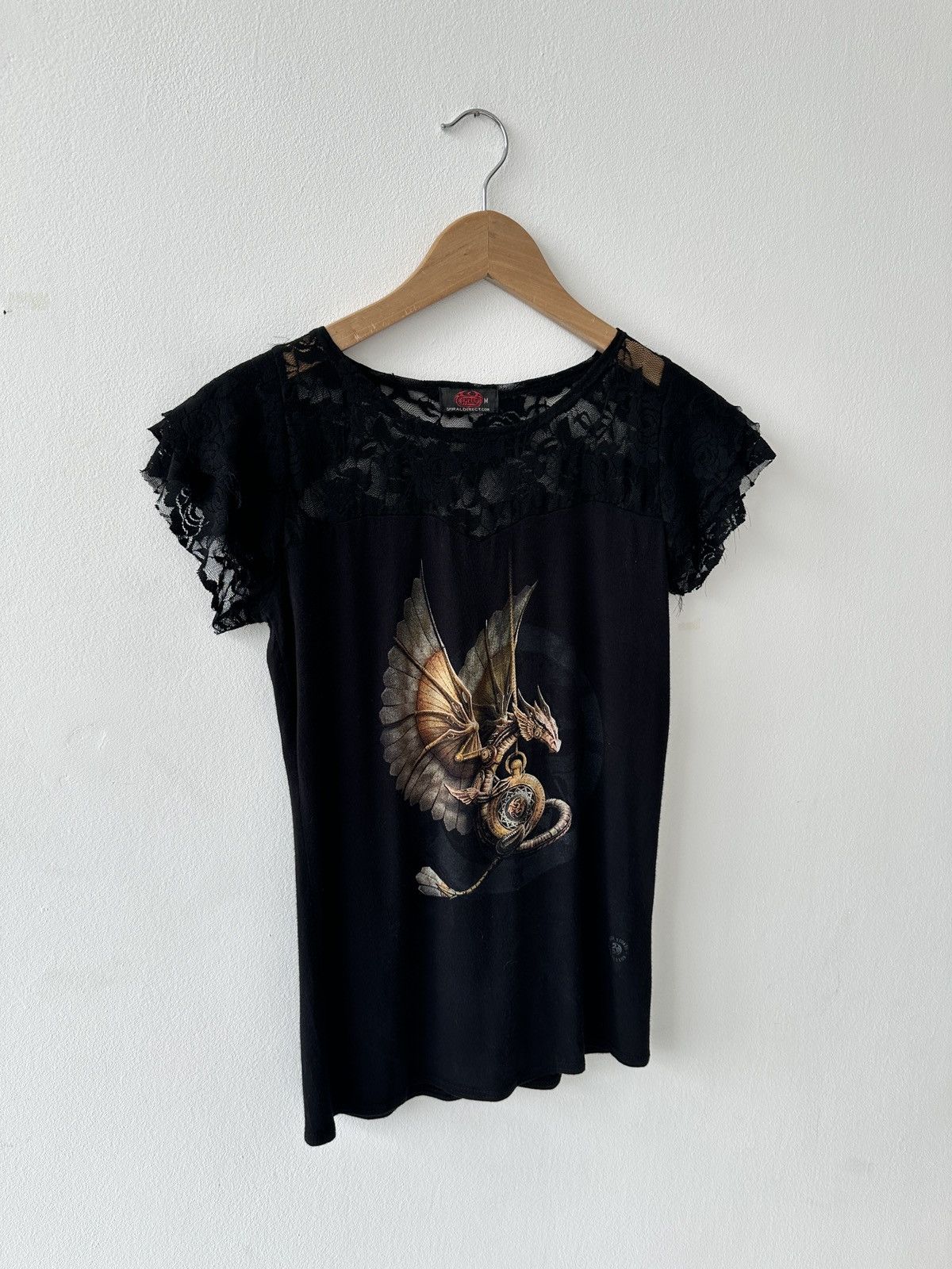 Japanese Brand Spiral direct Black lace ruffle short sleeve top with dragon Size M / US 6-8 / IT 42-44 - 2 Thumbnail