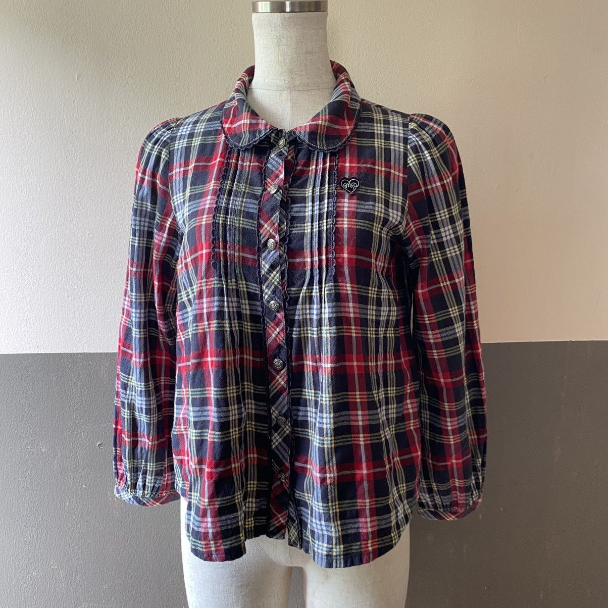 Japanese Brand Mezzo Piano Red Navy Check Long Sleeve Blouse Size S / US 4 / IT 40 - 5 Thumbnail