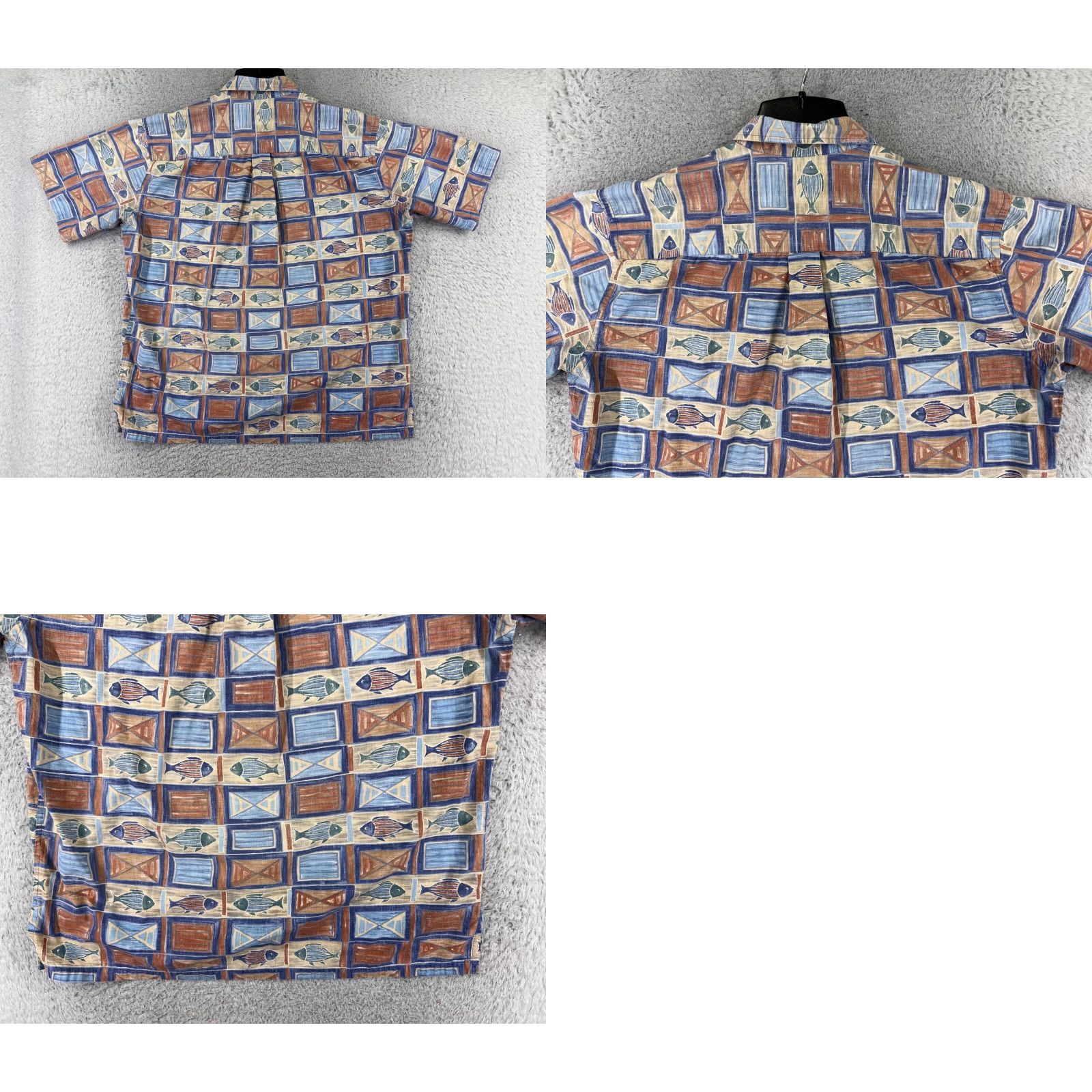 Vintage Cooke Street Shirt Mens Large Blue Beige Cotton Hawaiian Fish Tile Button-Up Short Sleeve Size US L / EU 52-54 / 3 - 9 Thumbnail